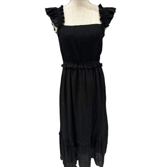 By The River Dress Black Ruffle Midi Dress With Square Neck & Smocked Bodice - Picture 1 of 8